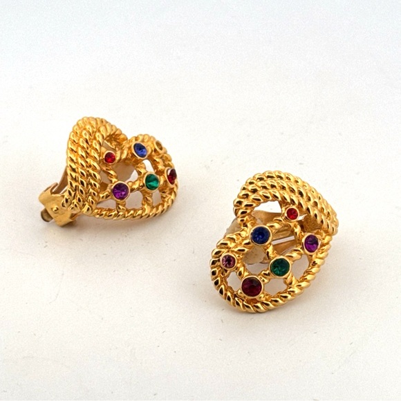 Vintage multicolor crystal gold tone clip on earrings - Picture 5 of 9